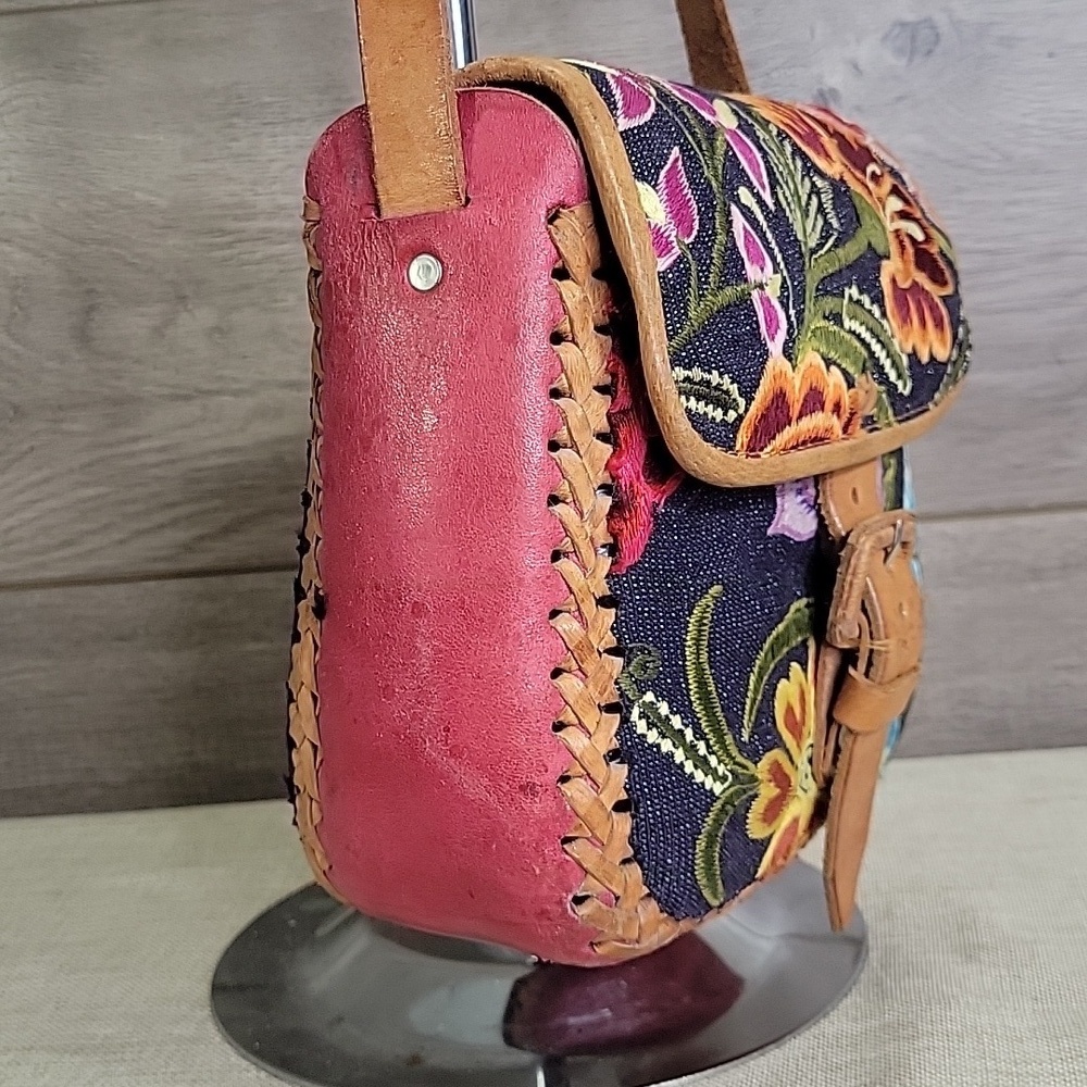 Handmaid Embroidered Canvas Leather Crossbody Shoulder Bag - Picture 3 of 10